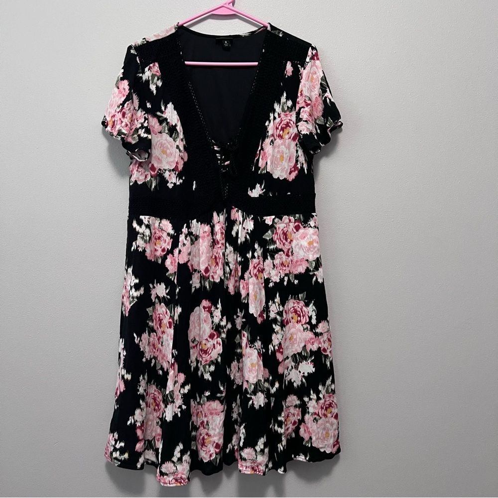 Torrid Black and Pink Floral Gauze Lace-Up Skater Dress Size 12